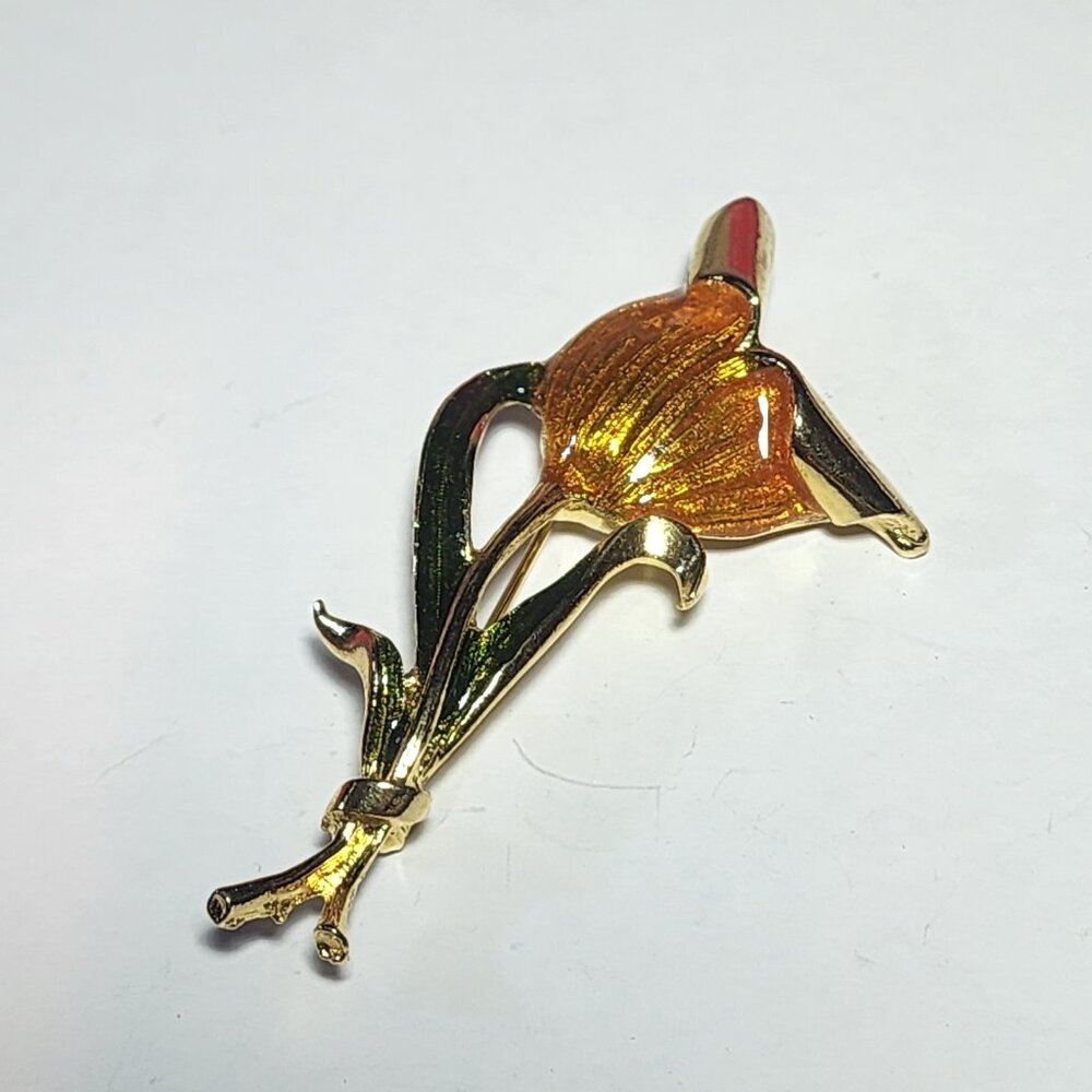 Mid-Century Enamel Flower Brooch Pin Yellow Orange Gold Tone